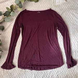 Boat neck long-sleeve tee with ruffle detail at sleeves, XS